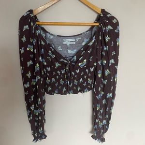 brown UO butterfly long sleeve blouse